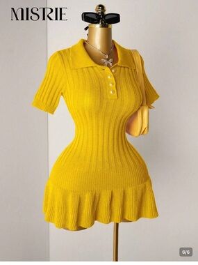 SHEIN Yellow Ribbed Knit Polo Mini Dress